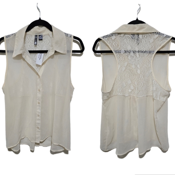 Full Tilt Tops - Full Tilt Cream Sheer Sleeveless Button Down Blouse Lace Back Size XL